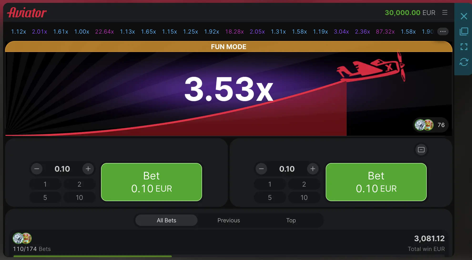 Aviator crash game interface at CaptainsBet in fun mode