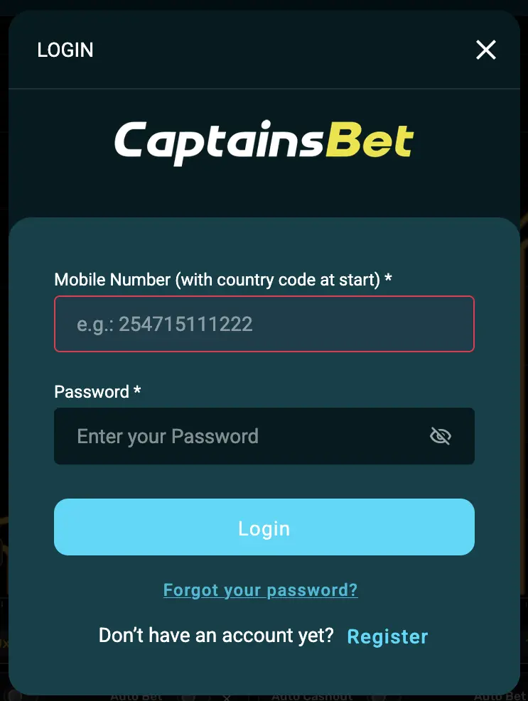 CaptainsBet login form with mobile number, password and password recovery