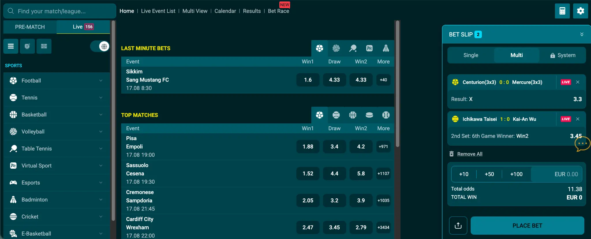 CaptainsBet sportsbook showing live events markets and multi bet slip
