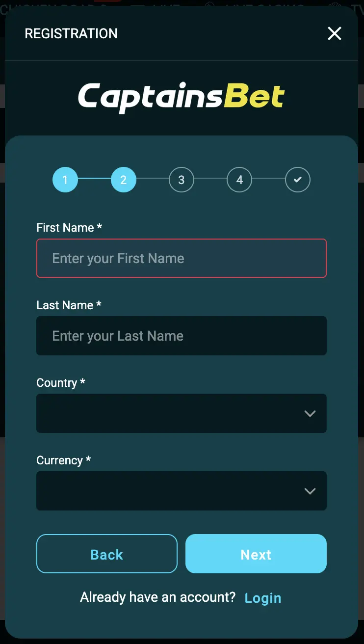 Step two of CaptainsBet registration with first name, last name, country and currency fields