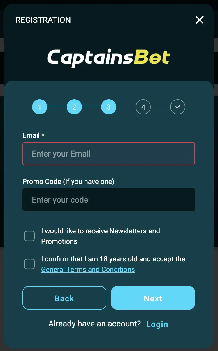 Step three of CaptainsBet registration showing email, promo code, marketing and age consent fields