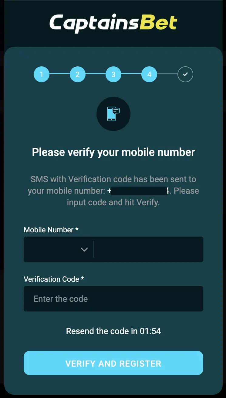 Step four of CaptainsBet registration requesting the SMS verification code