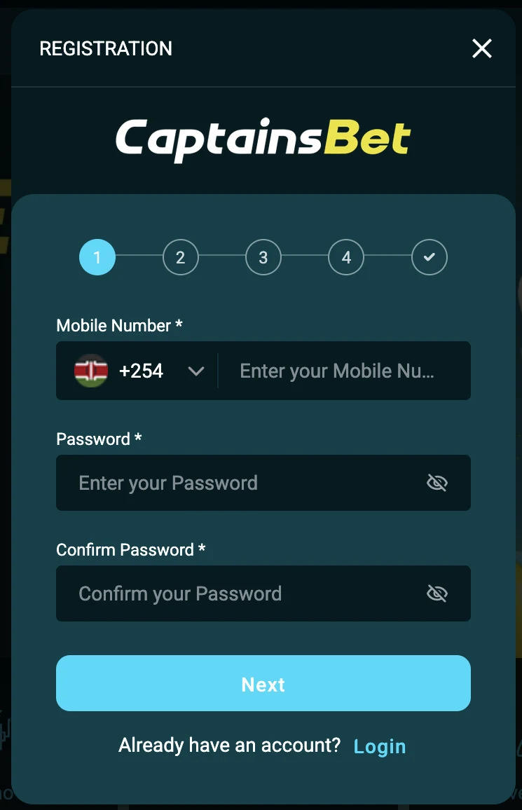 Step one of CaptainsBet Kenya registration showing the plus 254 country code, mobile number and password fields