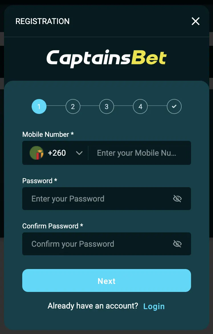 Step one of CaptainsBet Zambia registration showing country code plus 260, mobile number and password fields
