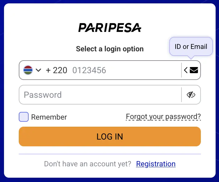 PariPesa Gambia login form with +220 phone, email or ID and password options