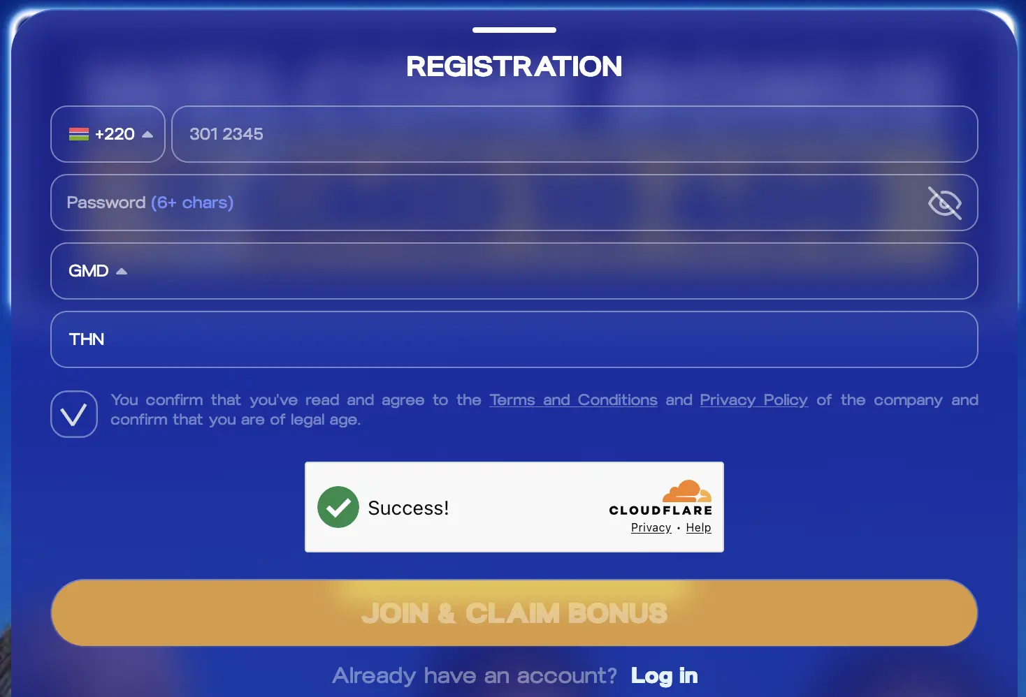 PariPesa Gambia registration form showing the +220 country code, GMD currency and THN promo code