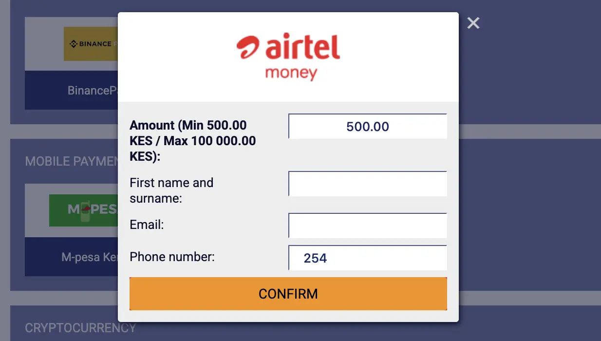PariPesa Kenya Airtel Money withdrawal form showing a range of 500 to 100000 KES