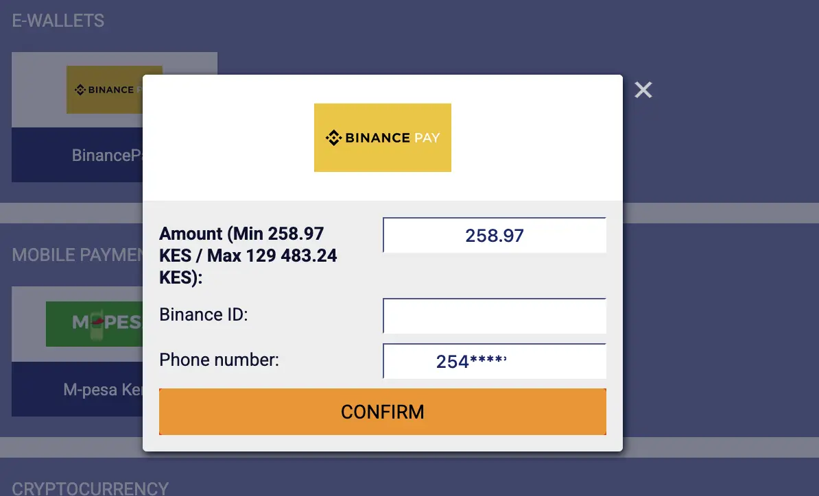 PariPesa Kenya Binance Pay withdrawal form showing Binance ID and a captured KES range