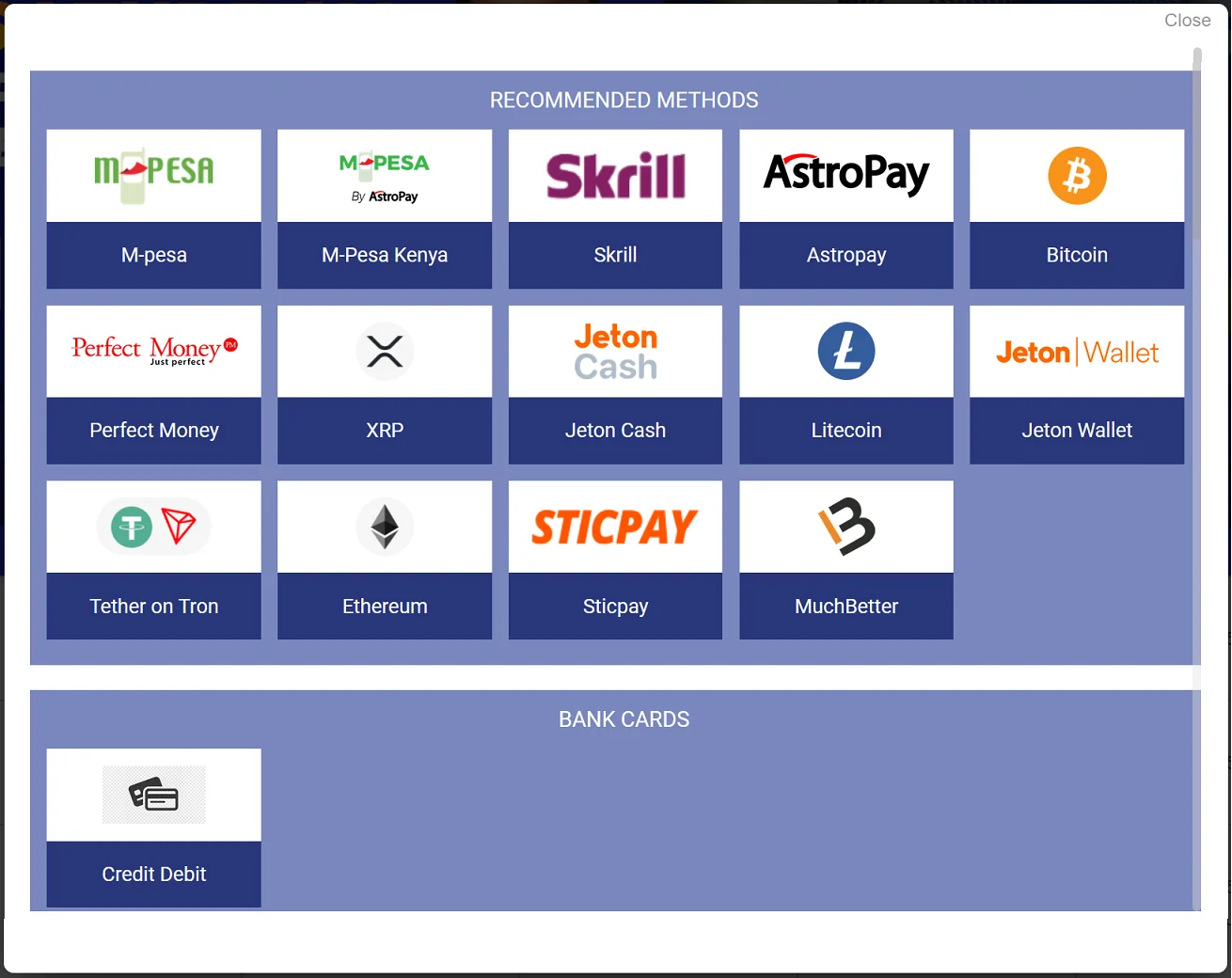 PariPesa Kenya deposit options screen showing available payment methods