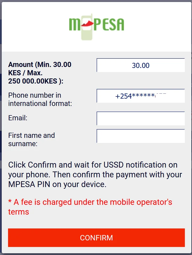 PariPesa M-Pesa deposit form showing amount, phone, email and name fields