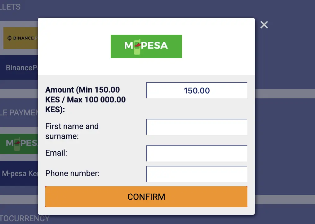 PariPesa Kenya M-Pesa withdrawal form showing a range of 150 to 100000 KES