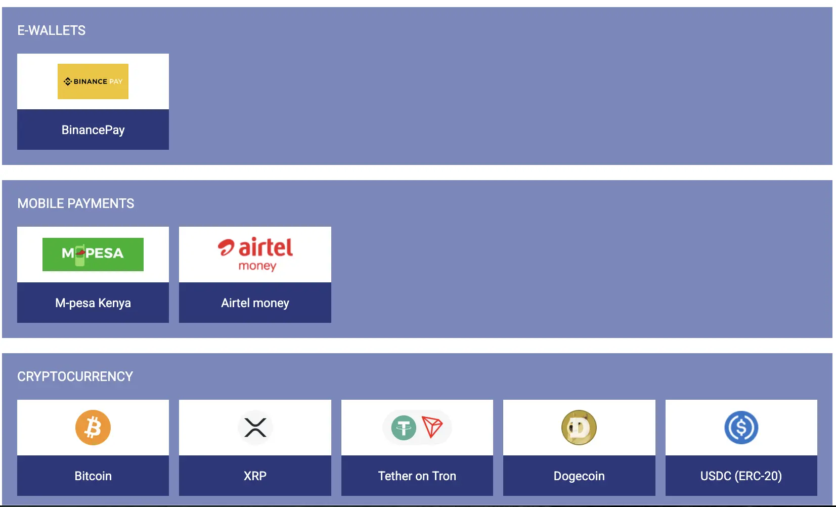 PariPesa Kenya cashier showing Binance Pay, M-Pesa, Airtel Money, Bitcoin, XRP, Tether on Tron, Dogecoin and USDC ERC-20
