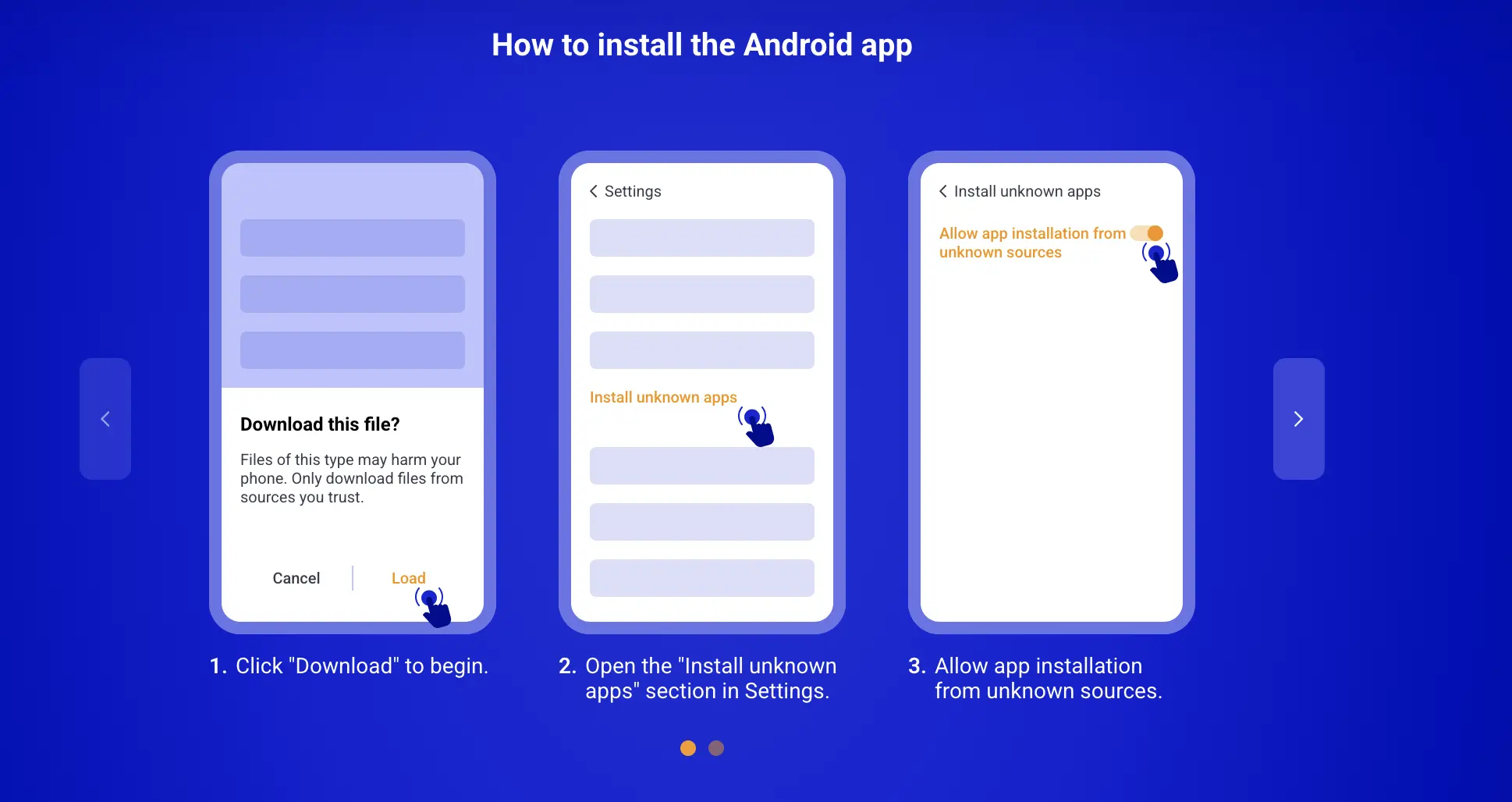 PariPesa Android installation steps one to three showing the APK download confirmation, Android install-unknown-apps settings and temporary source permission