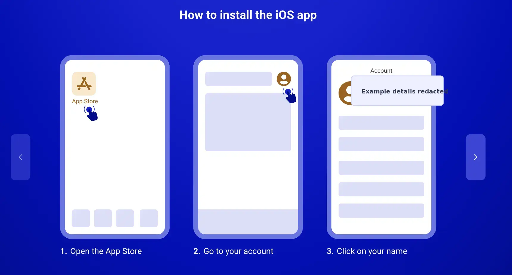 Legacy PariPesa iOS walkthrough steps one to three showing App Store account access with example account details redacted