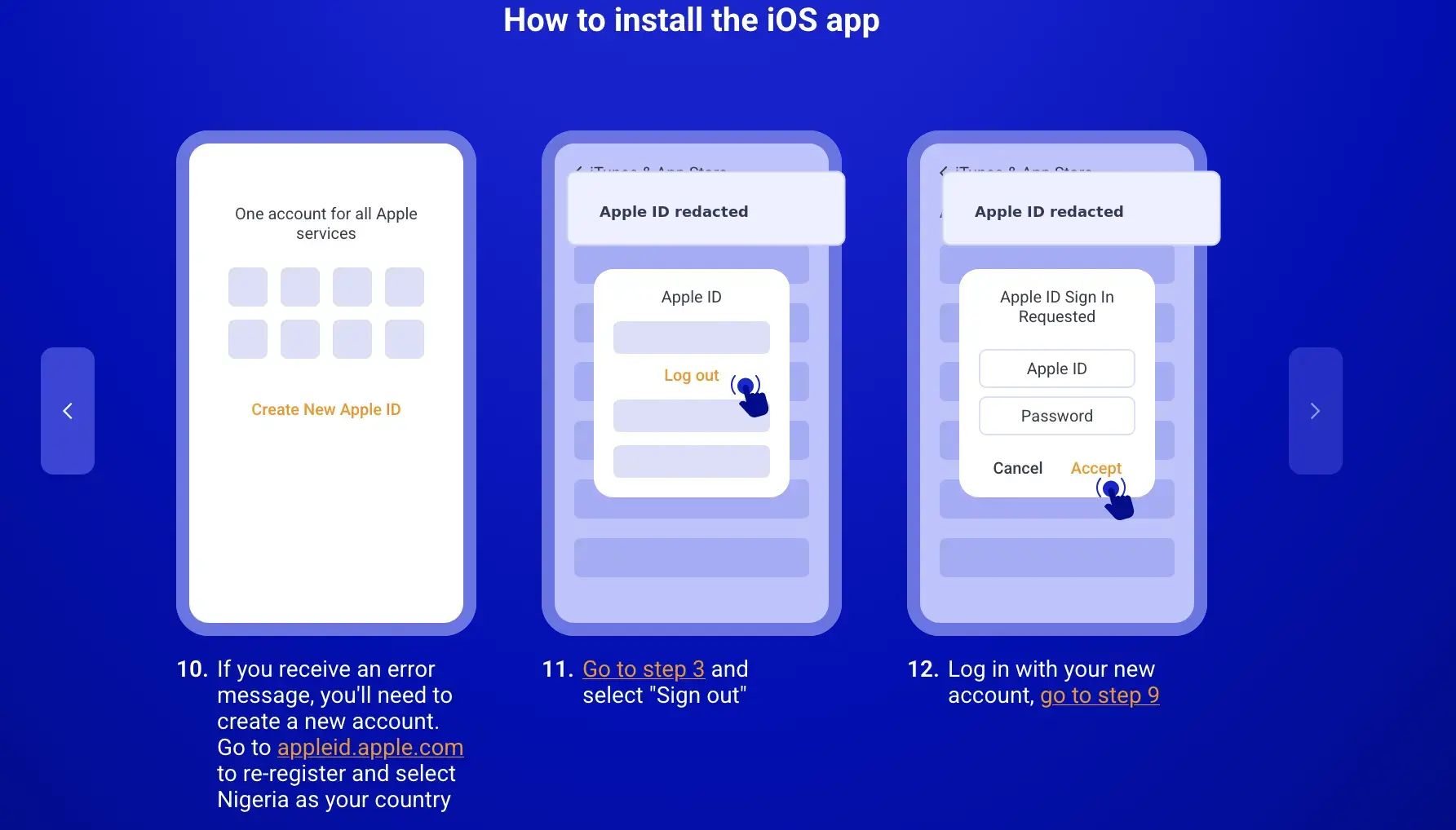 Legacy PariPesa iOS walkthrough steps ten to twelve showing creation and use of another Apple account with account identifiers redacted