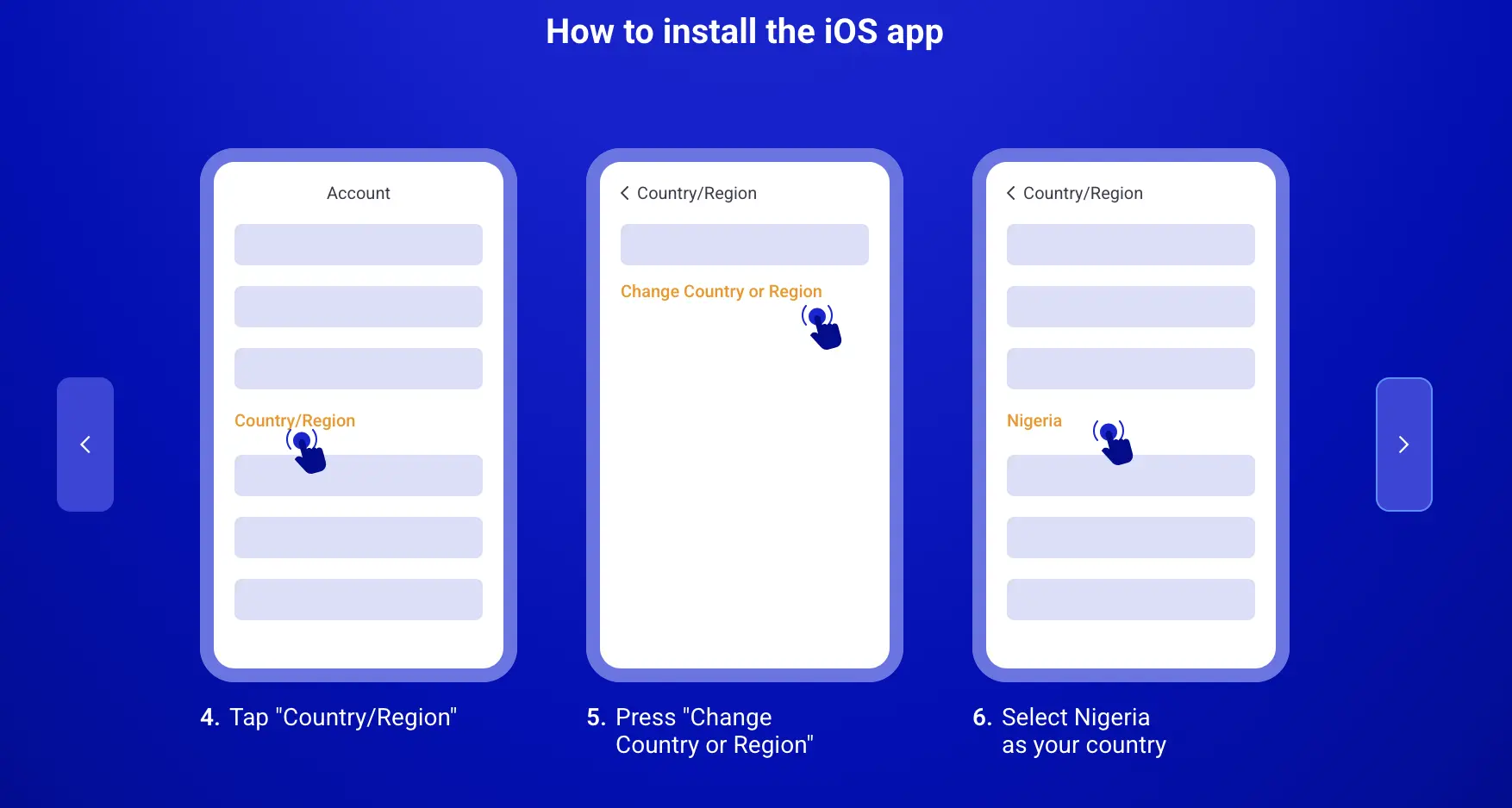 Legacy PariPesa iOS walkthrough steps four to six showing Country and Region settings and selecting Nigeria
