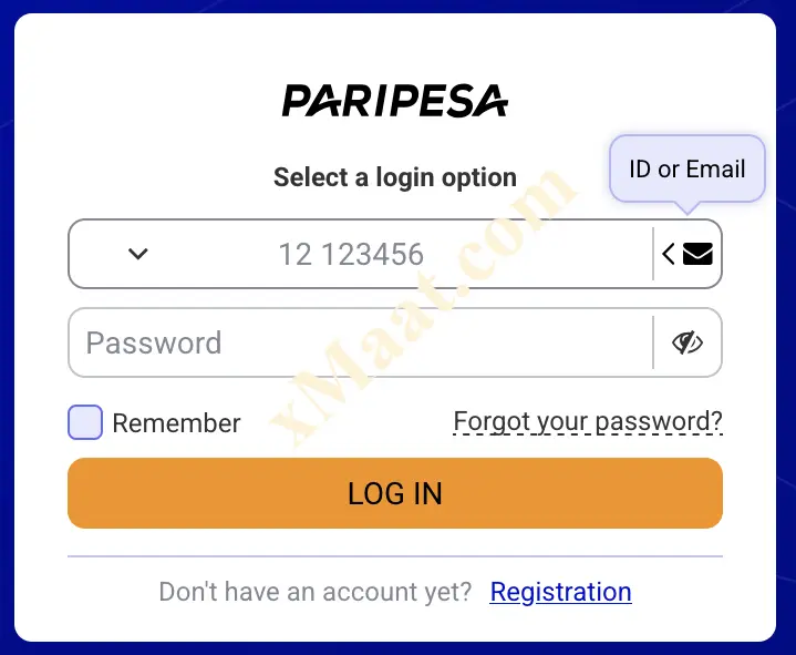 PariPesa login form showing the registered identifier and password fields