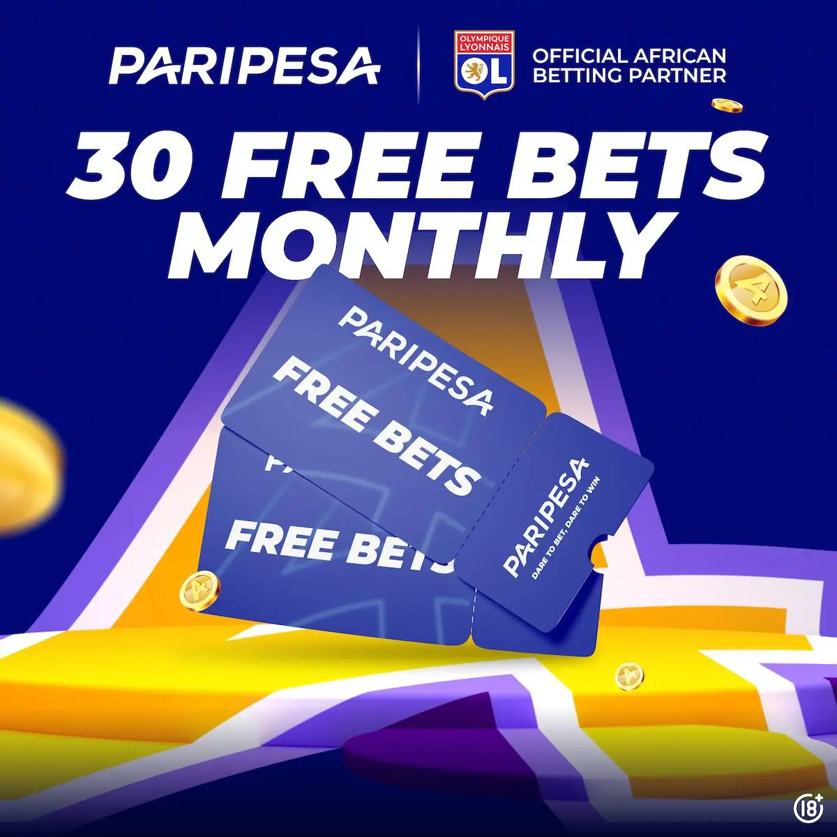 PariPesa promotion screenshot displaying 30 free bets monthly