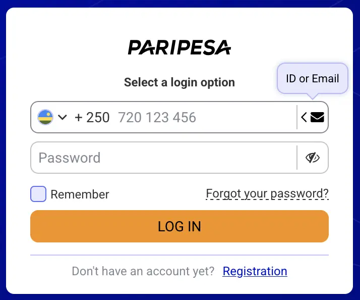 PariPesa Rwanda login form with +250 phone, email or ID and password options