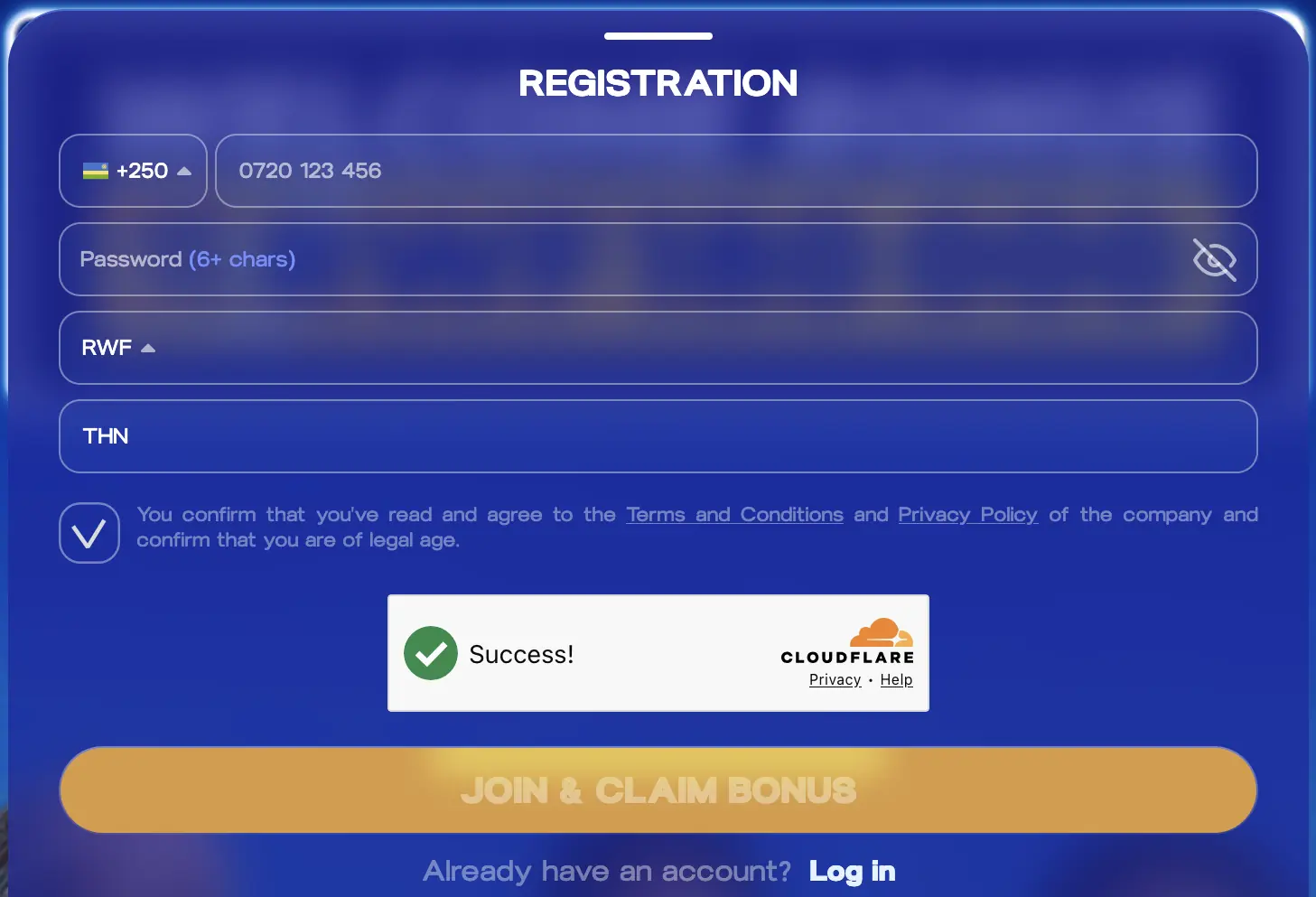 PariPesa Rwanda registration form showing the +250 country code, RWF currency and THN promo code