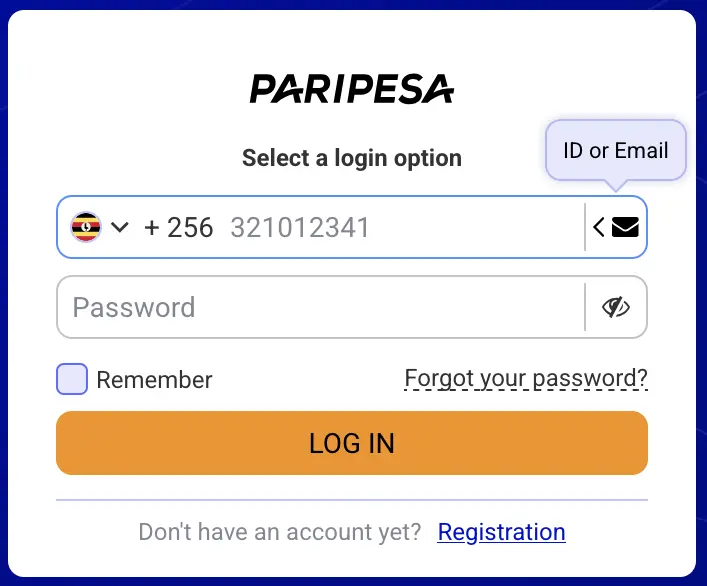 PariPesa Uganda login form showing +256, email or ID and password options
