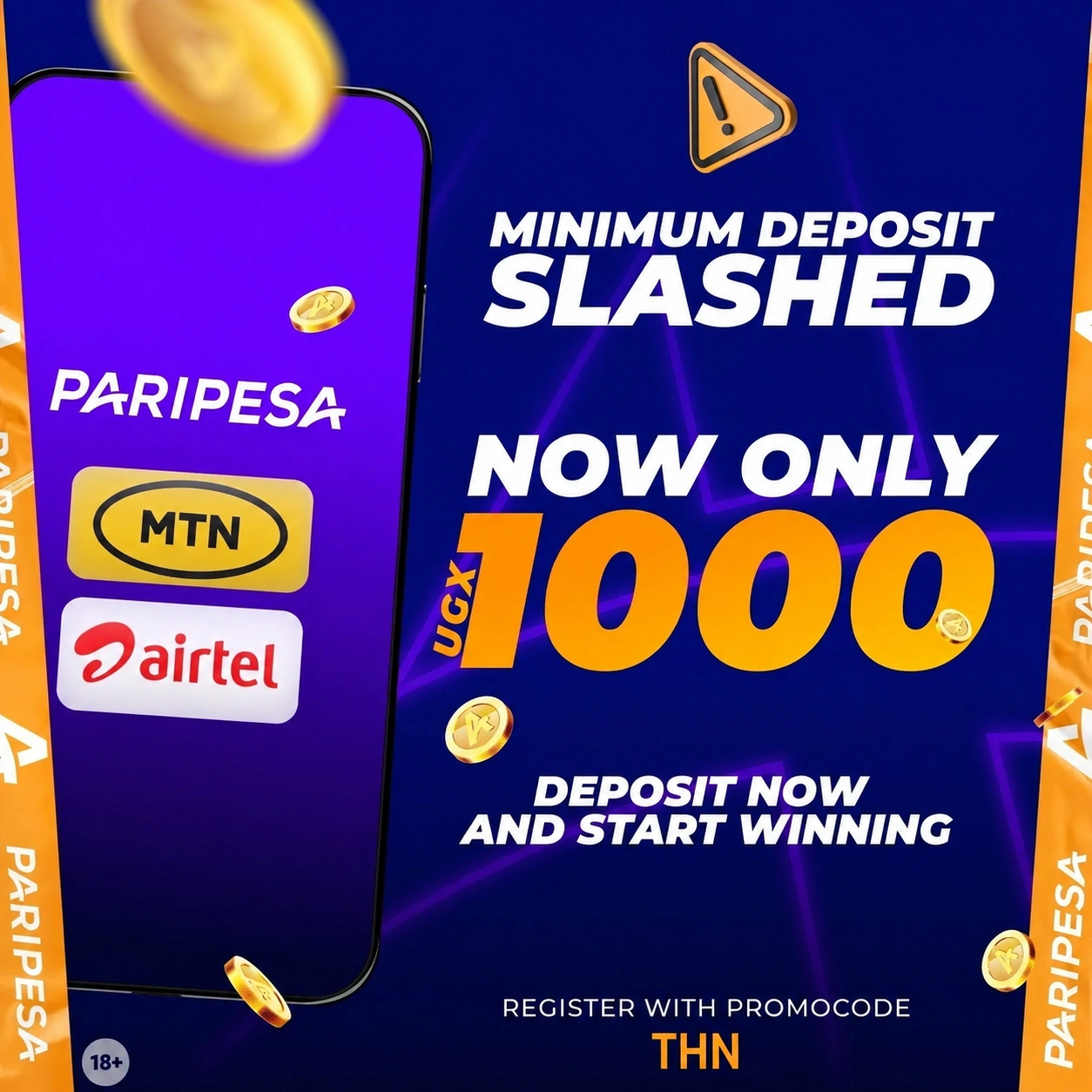 PariPesa Uganda payment notice showing MTN, Airtel and a 1,000 UGX minimum deposit